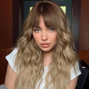 Ombre Blonde Wigs with Bangs Blonde Wigs for Women Long Wavy Curly Ombre Wig with Dark Root Synthetic Wig for Women Daily Party Use (20inch)