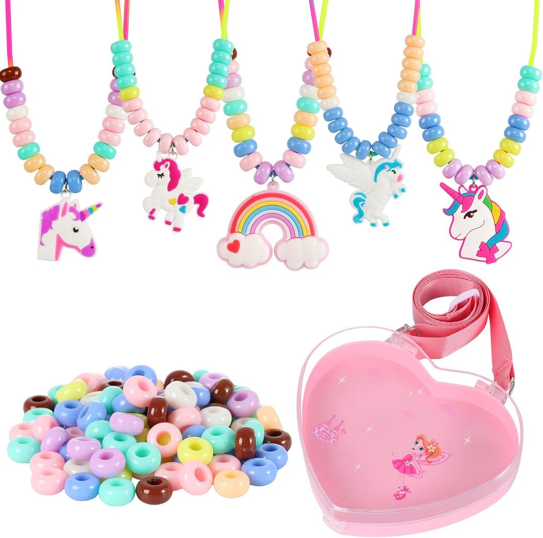 FLYINGSEEDS Unicorn Jewelry Making Kit, 5 Rubber Necklaces and Charms with 100 Big Holes Beads Toy Set, Beading Arts and Crafts, Ideal Gifts for Girls Preschoolers Toddlers Kids Age 3 4 5 6 7 8 9 10 (Unicorn)