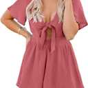 Aoysky Womens Summer Short Rompers Sexy Cute Loose Tie Front Jumpsuit Casual V Neck Wide Leg Beach Overalls (Small, Coral)