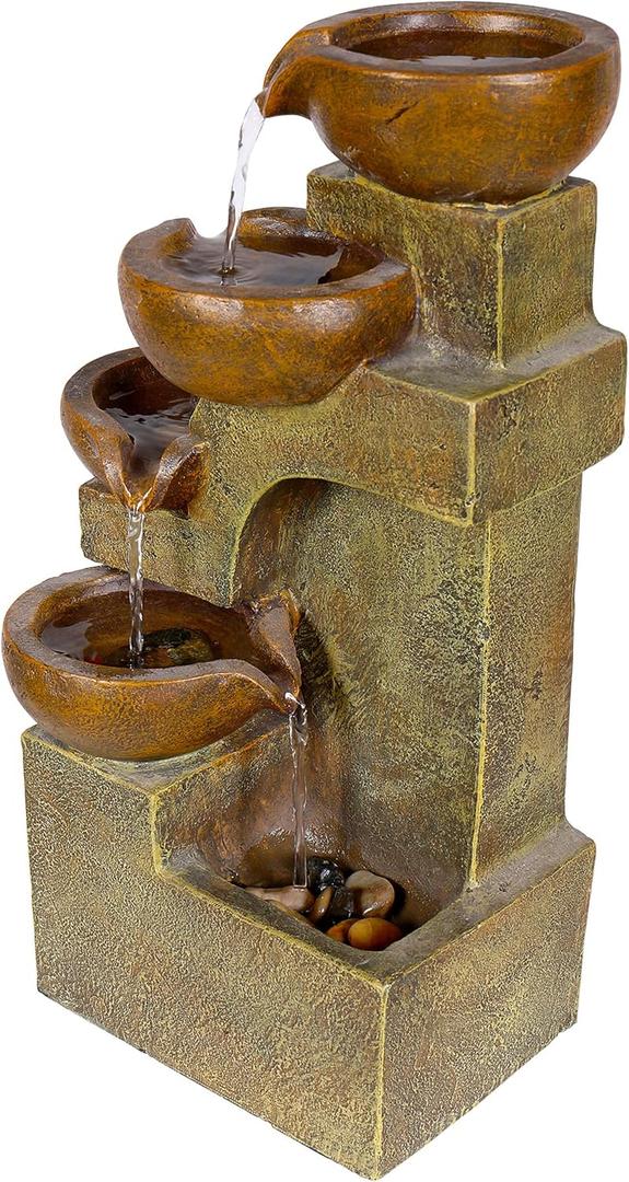 Alpine Corporation WCT726 | 16"H Indoor/Outdoor Tabletop Tiered Pouring Pots Waterfall Fountain  Natural Stone-Look Finish Adds Rustic Charm  Brown