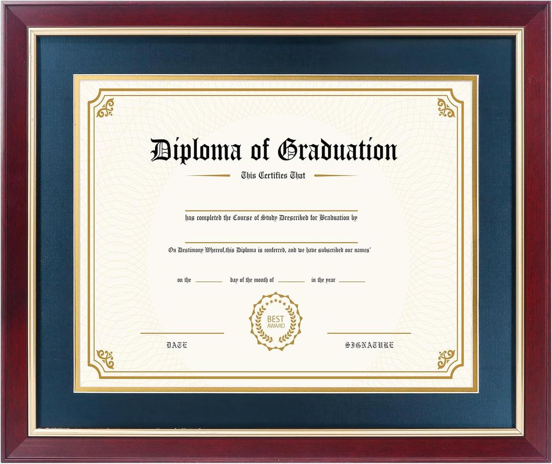11x14 Diploma Frame with Navy over Gold Mat, 14x17 Certificate Frame, Real Wood with Gold Trim, Mahogany Frame with Arcylic