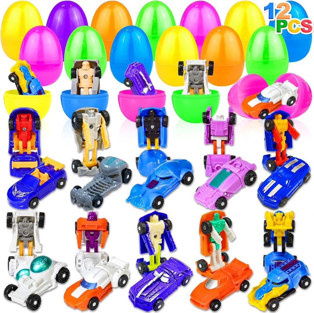 AMENON 12 Pack Easter Eggs with Transform Car Toys For Boys, Easter Basket Stuffers Transform Vehicle Robot For Kids Boys Easter Egg Hunts Classroom Prize Supplies Fillers Party Favors