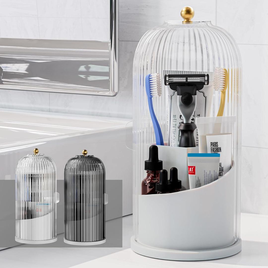 Toothbrush Holders with Sliding Lid for Bathroom Counter Organizer, Tooth Brush Toothpaste Holder for Bathroom Vanity Makeup Brushes Holder-White