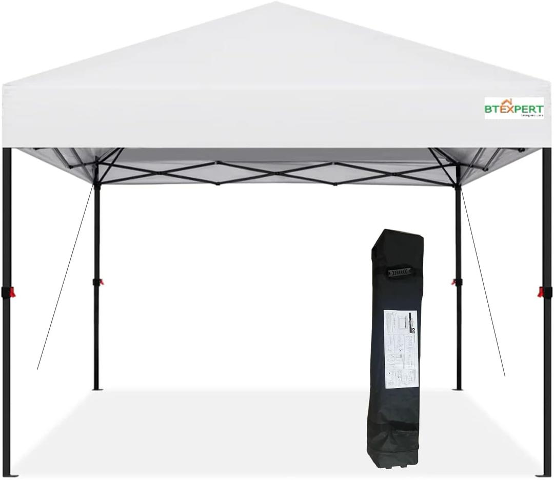BTEXPERT 10x10ft 1-Person Setup Instant Pop Up Canopy Tent, One Touch Portable Commercial Shelter Outdoor Gazebo 1-Button Push Carrying Wheeled Bag for Home Party Deck Beach Wedding Camping Backyard (White)