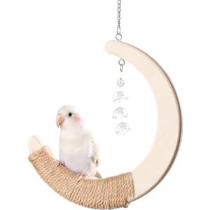 mini&moe Bird Swing Perch for Cage, Small Bird Perch Climbing Chewing Toy, Natural Wood Sturdy Hemp Rope Swings for Budgies, Cockatiels, Conures, Small Parakeets