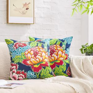Pack of 2, Chinoiserie Pillow Cover 20 x 20 Inch Peony Floral Pillow Covers Linen Flower Throw Pillow Covers Farmhouse Pillowcase Cushion Covers for Sofa Couch Living Room Navy Pink