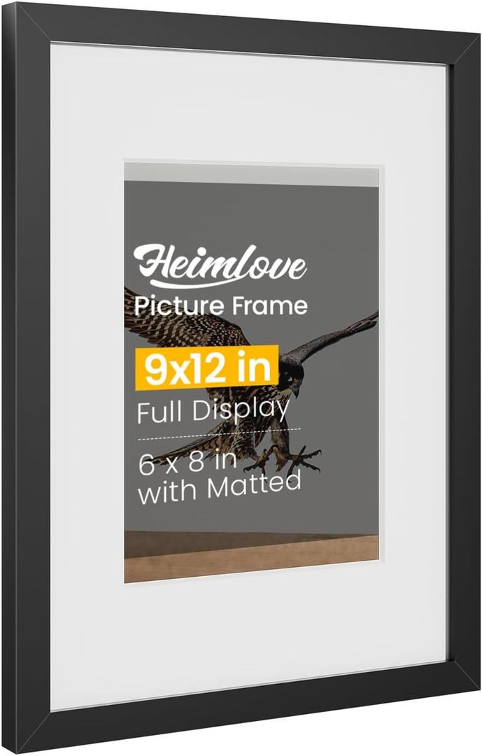 Heimlove 9x12 Picture Frames Set of 3 with Mat to Display 6x8 Picture,Plastic Black Photo Frame for Poster,Diploma,Certificate and Document with Gallery Wall Frame Set