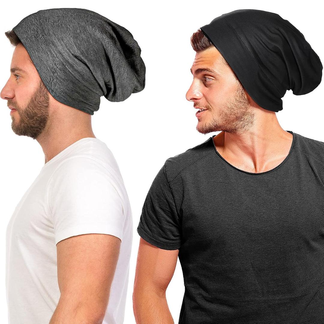 Geyoga 2 Pcs Silk Satin Bonnet for Sleeping Men Silk Satin Beanie with Adjustable Elastic Band for Curly Hair(Black, Dark Grey) (One Size-Medium)