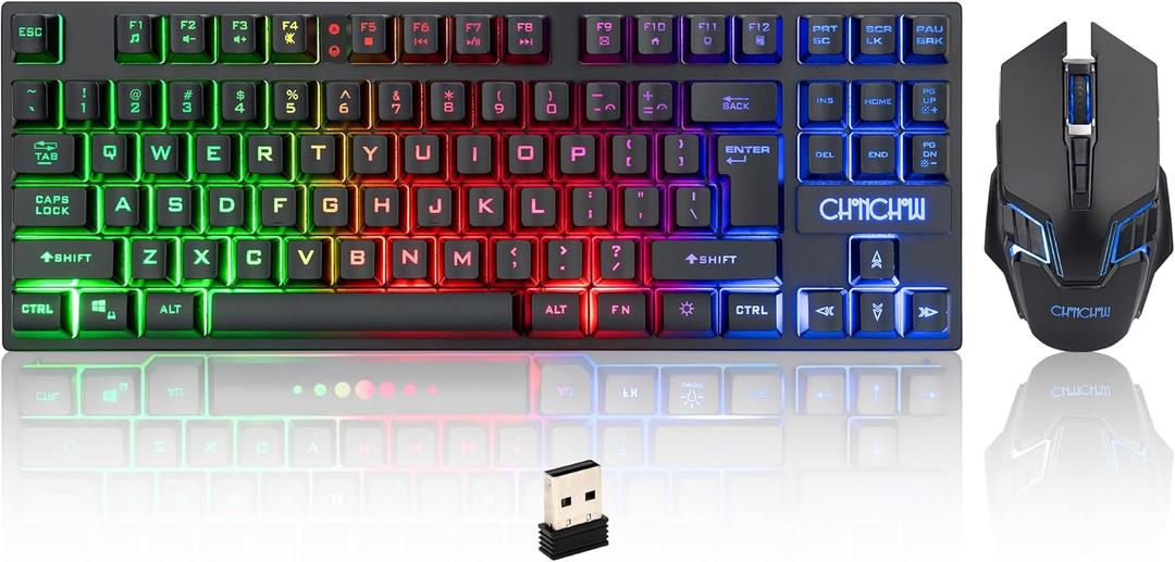 CHONCHOW Wireless Gaming Keyboard and Mouse Combo, Rechargeable 87 Key LED Light Up Keyboard Ergonomic Gaming Mouse, Backlit Wireless Mouse and Keyboard for Xbox PS4 PS4 PC Laptop, Black