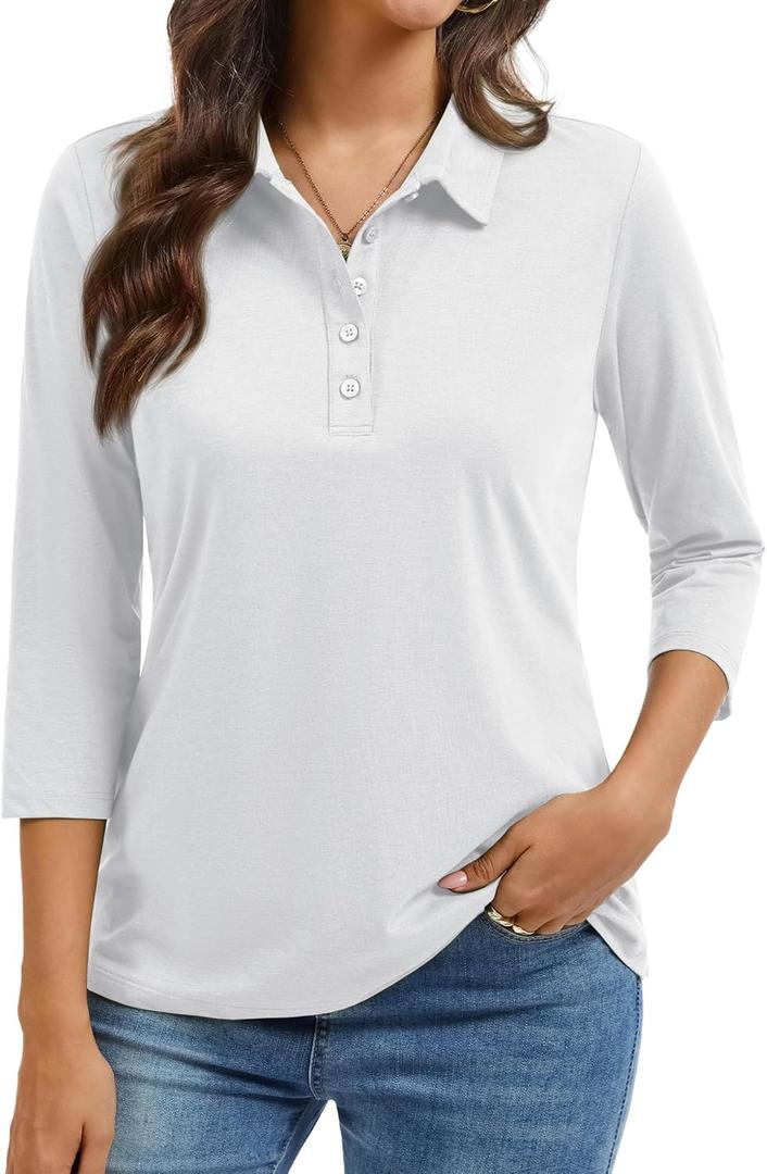 YUCOLEN Women's Polo Shirt 3/4 Sleeve Tops Collared Button Down Golf Tee Casual Work T Shirt (Medium)