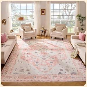 Istana Living Room Rug 10x14 - Pink 10 x 14 Area Rug - Foldable Machine Washable Area Rugs 10x14 - Stylish 10x14 Area Rugs Boho - Stain Resistant Washable Rug 10x14