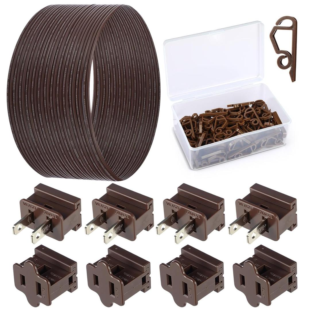 Yoojahow 109 Pcs Christmas SPT-1 50FT 18 Gauge 2-conductor Wire and Vampire Plugs Female and Male Slip Plug and Christmas Light Clip, 18 AWG Electrical Wire for Indoor Outdoor Holiday Party Decoration