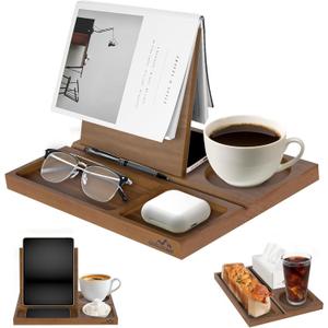 Acacia Book Nook Reading Valet Stand, Wooden Book Stand for Reading Rest, Triangle Books Holder with Cup, Pen, Phone & Earphone Holder, for Nightstand Bedside Desk Library and Book Lover Gifts