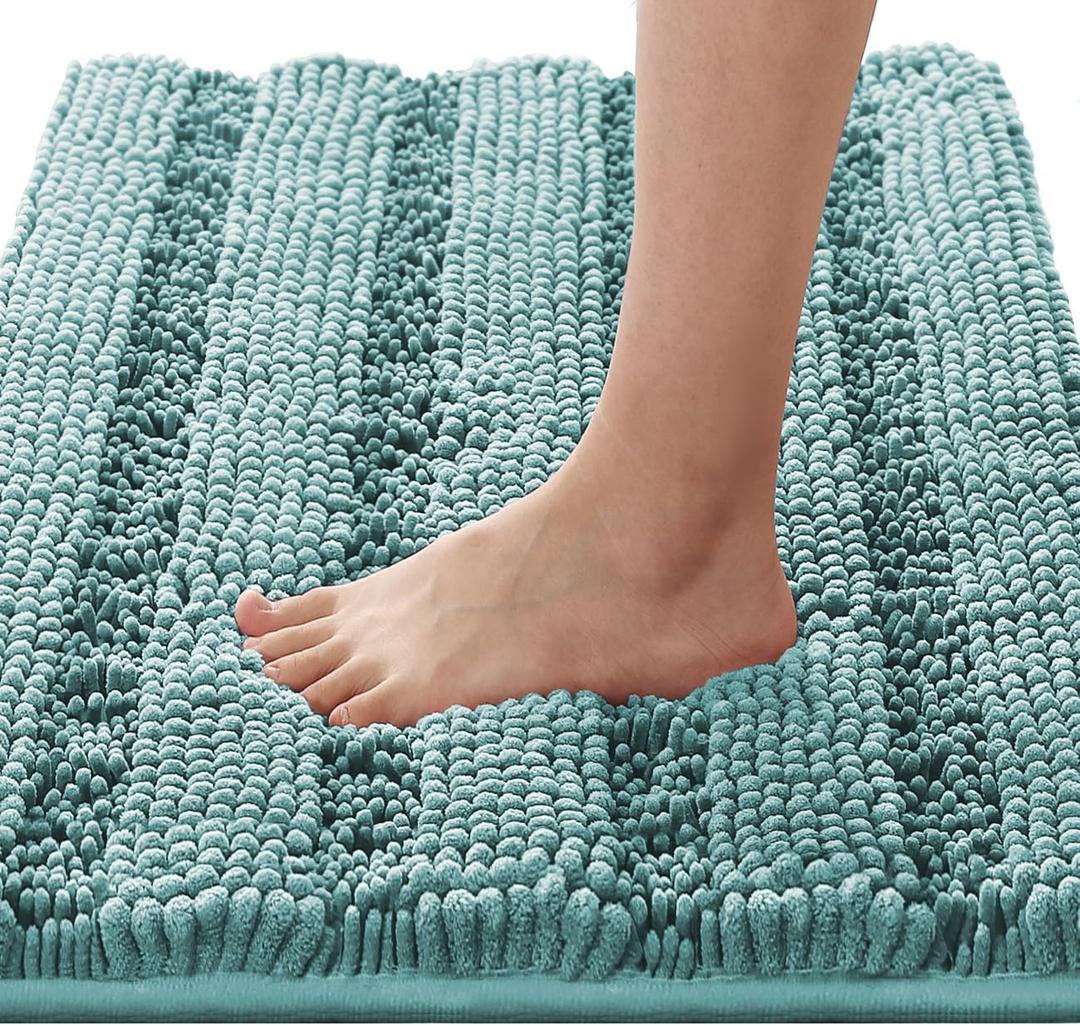 H.VERSAILTEX Bath Rugs for Bathroom Non Slip Bath Mats Extra Thick Chenille Striped Rug 20" x 32" Absorbent Non Skid Fluffy Soft Shaggy Washable Plush Mat for Indoor, Bath Room, Tub - Aqua Haze