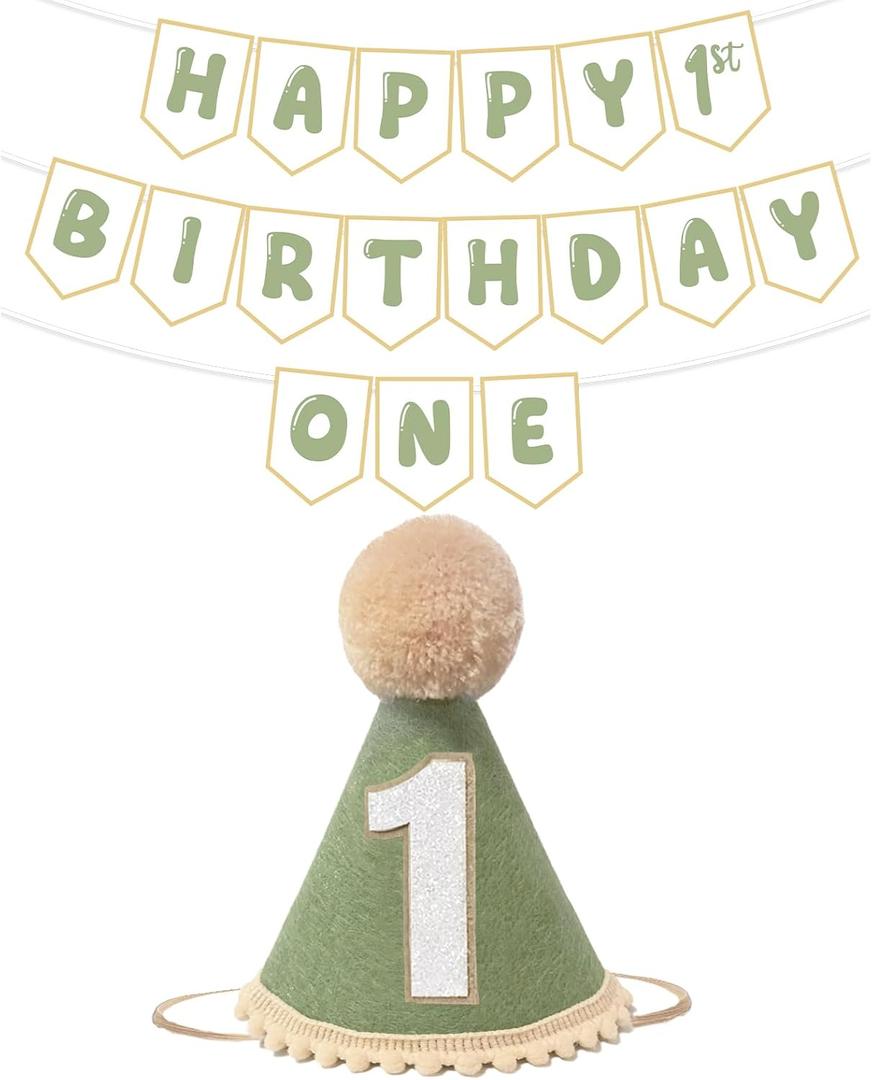 Sage Green First Birthday Decorations - One Birthday Hat and Pre-Strung Happy 1st B IRTHDAY Banner for Boys Girl 1st Bir thday Decorations,One Year Old BD Decor Photo Shoot
