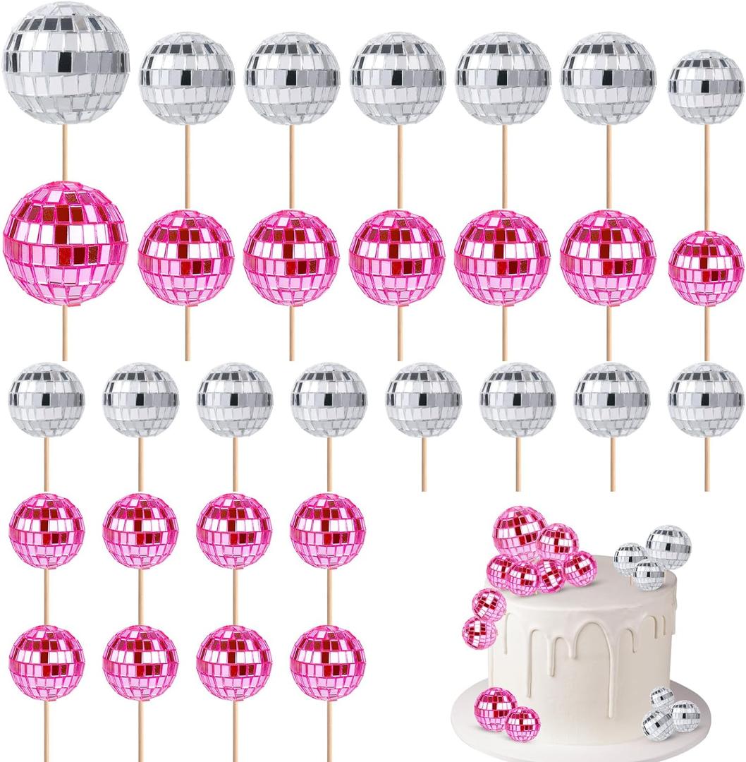 30 Pcs Disco Ball Cupcake Toppers, 70s Retro Cake Decorations with Stick Shiny Mini Disco Ball Picks Disco Theme Party Supplies for Dessert Birthday Decorations Ornament Small (Pink, Silver)
