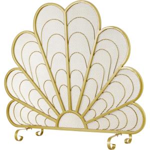 MyGift 38 x 32 Inch Peacock Feather Brass-Tone Metal Fireplace Screen, Freestanding Decorative Mesh Fire Guard with Curved Legs