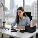 Black Desk Organizers and Accessories 12+1Pcs, Office Supplies for Desk, Pen Organizer with 2 Drawers with Stapler,1000 Staples, Phone Holder, Tape Dispenser, Pen Holder, Sticky Note, Clips, Ruler,Etc