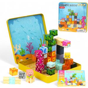 49PCS Mini Magnetic Blocks Ocean Theme  Sea Life STEM Building Cubes, Educational Magnet Toy with Iron Box, Creative & Safe Travel Gift for Kids Ages 38, Boys & Girls