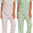Ekouaer 2 Pack: Womens Pajamas Short Sleeve Sleepwear Tops and Capri Pants Pjs Print Pajama Sets (Large, Green Flowersbeige Flowers)