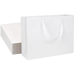 12 Kraft Gift Bags - Bulk Large Size 12.5x4.5x10 Inches, White Paper Shopping Bags with Ribbon Handles, Perfect for Parties, Weddings, Retail