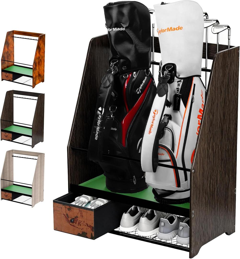 Golf Bag Organizer Rack  Large Wooden Golf Storage for 2 Bags, Clubs & Accessories with Dustproof Drawer, Sports Equipment Rack for Garage, Practice Room, Home or Office (Black)