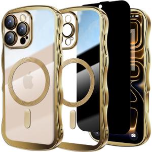 Misscase Designed for iPhone 16 Pro Max Case 6.9",with Privacy Screen Protector*1,Cute Wave Frame Case with Camera Lens Protector,Compatible with MagSafe Plating Bling for Women Gold
