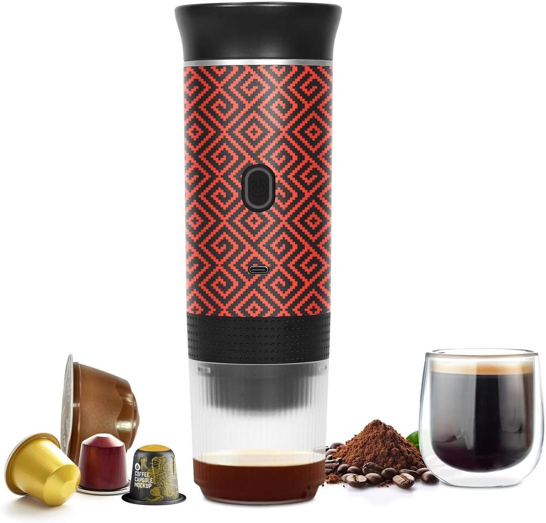 Coffee Maker Gift Set for Travel, Battery Powered Portable Electric Espresso Machine for Camping, Rechargeable Coffee Maker Self Heating with Ground Coffee & Capsule for RV, Hiking (Red mix Black)