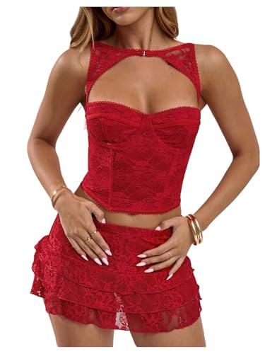 WDIRARA Women's Cut Out Lace Crop Bustier Corset Tank Top Sexy Going Out Party Club Tops Red Solid Medium