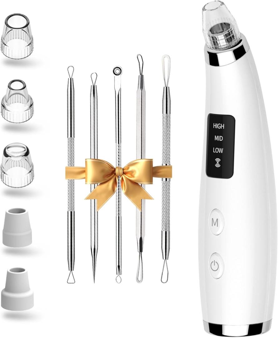 Blackhead Remover Pore Vacuum, Pore Cleaner for Face with 5 Attachments & 3 Suction Levels, USB Rechargeable Facial Blackhead Extractor Tool for Women & Men (Pearl White)