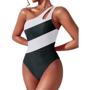 Women One Shoulder One Piece Swimsuit Tummy Control Bathing Suits Modest Full Coverage Cutout Swimwear (Large, Black and White)