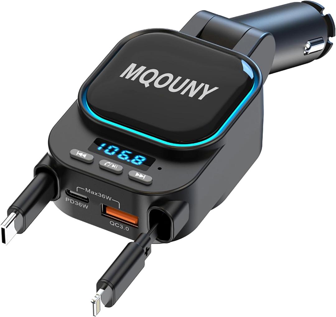 MQOUNY Retractable Car Charger,4 in 1 Fast Cars Phone Charger 96W,2 Retractable Cables with Bluetooth 5.3 FM Transmitter Hands-Free Calling,Gift for Men Women, Car Accessories USBC Car Chargers (Black)