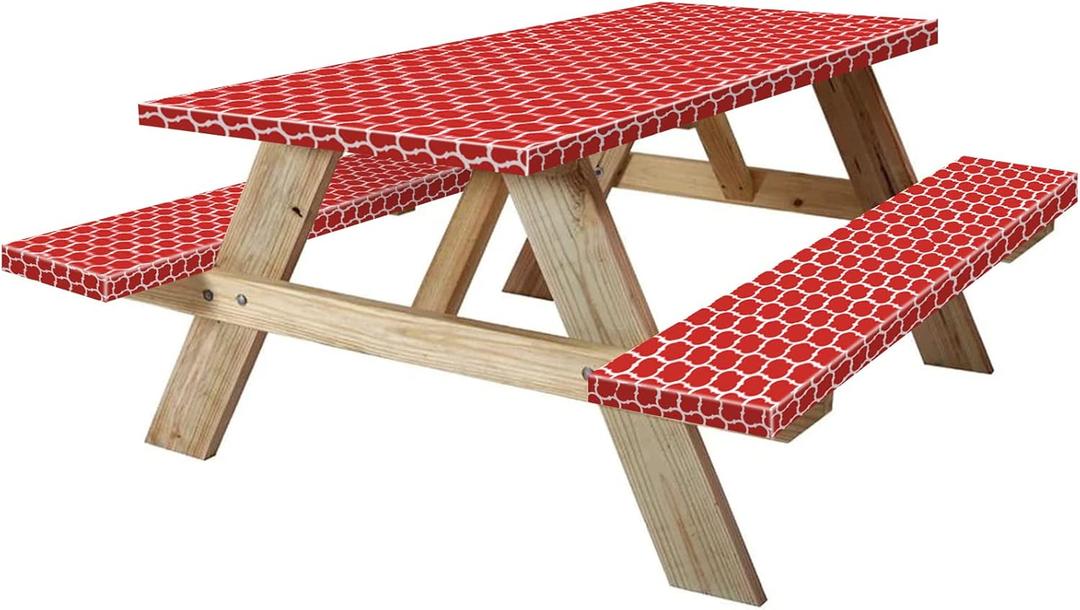KENOBEE 6ft Picnic Table and Bench Fitted Cover, 72" Flannel Backing Elastic Edge Waterproof Wipeable Plastic Cover Fitted Vinyl Tablecloth for Home Goods Indoor Outdoor Patio, Red-white Moroccan