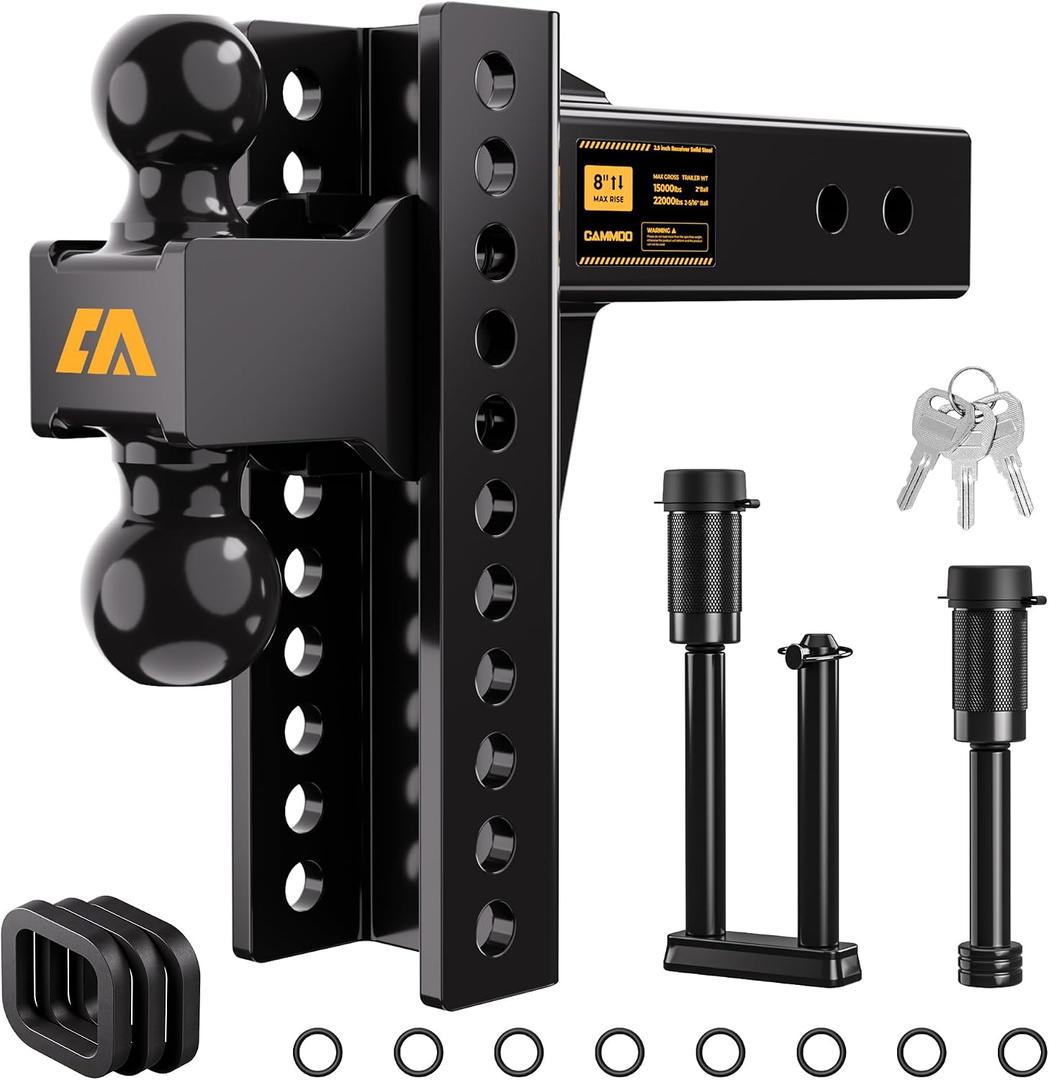 CAMMOO Adjustable Trailer Hitch, Tow Hitch Fits 2.5 inch Receiver, 8inch Rise/Drop Hitch, 2" and 2-5/16" Ball Hitch, 22000 LBS GTW Truck Hitch with U-Shaped Alloy Steel Anti-Theft Pin, Black