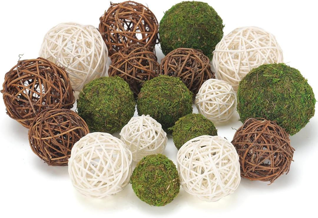 USMOLA 18Pcs Decorative Balls for Centerpiece Bowl - 6Pcs Fake Moss Balls + 12Pcs Rattan Wicker Balls, Artificial Moss Decorative Balls Vase Fillers for Home Garden Wedding Party Decor (Rustic), 2-3.5 inches