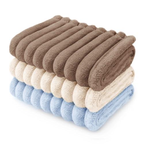 LINENLUX 1 Pack 3 Soft Dog Blanket Washable Warm Fleece Cat Blankets for Pet Puppy Fluffy Calming Flannel Brown/White/Blue Small