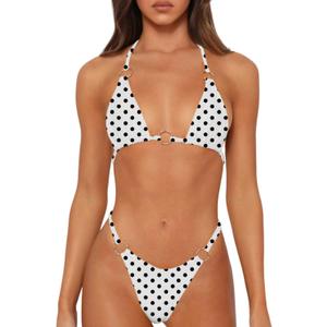 Sexy Bikinis for Women 2 Piece Bikini Spaghetti Strap Swimsuits Solid Color Bathing Swimwear Triangle Bathing Suit (Small, White-polka Dots)