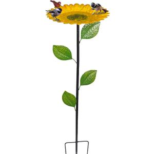 Birdbath and Feeder Set for Wild Birds, Outdoor Standing, Handmade Metal, Sunflower Design (Single Layer)