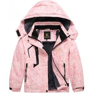 Keevoom Girl's Waterproof Ski Jacket Fleece Snow Coat Windproof Warm Winter Snowboarding Jacket with Removable Hood (Pink)