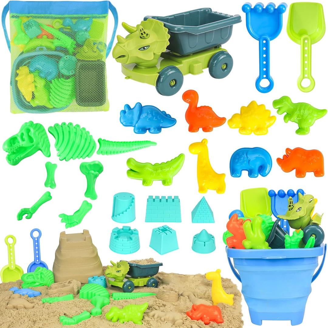 FUSPWEAO Beach Toys, Dinosaur Sand Toys with Dump Truck and Collapsible Beach Bucket, Shovel and Rake, Mesh Bag, Animal Dinosaur Sand Molds, Sand Castle Toy, Sandbox Toys for Toddlers Kids Boys