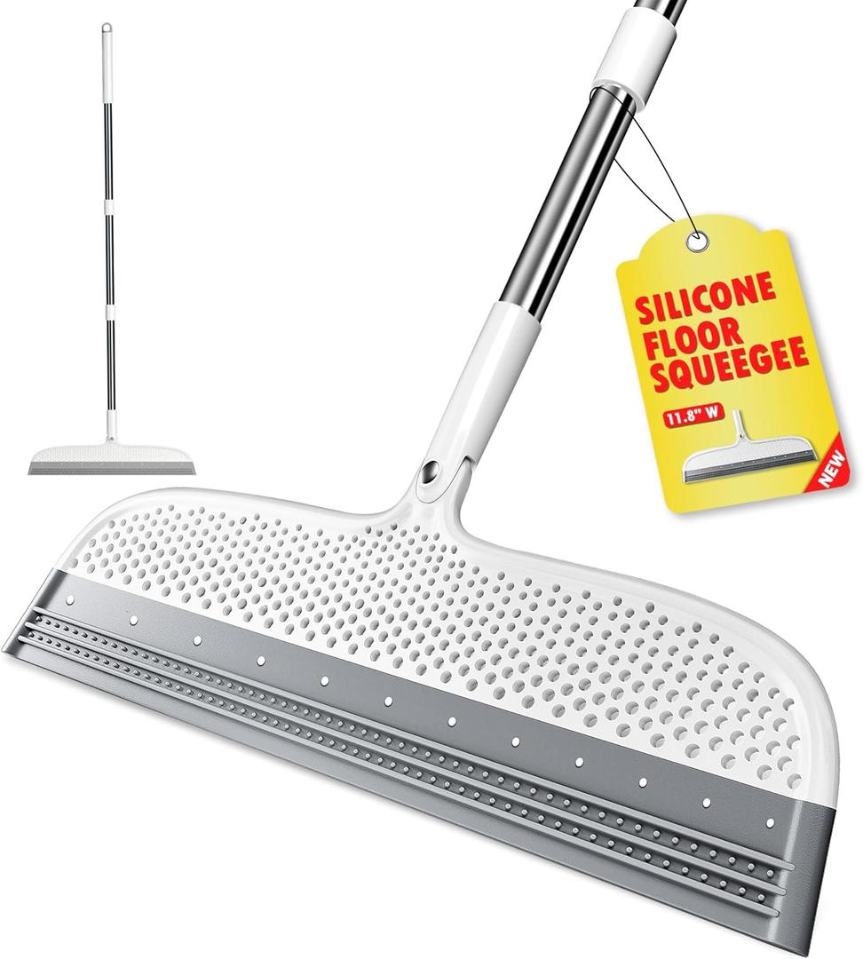 Silicone Floor Squeegee, 180 Rotating Air Broom, Squeegee for Floor with a Long Handle, Magic Broom for Water and Pet Hair Removal on Bathroom Floors, Tile, Deck and Glass, Indoor Cleaning Tool