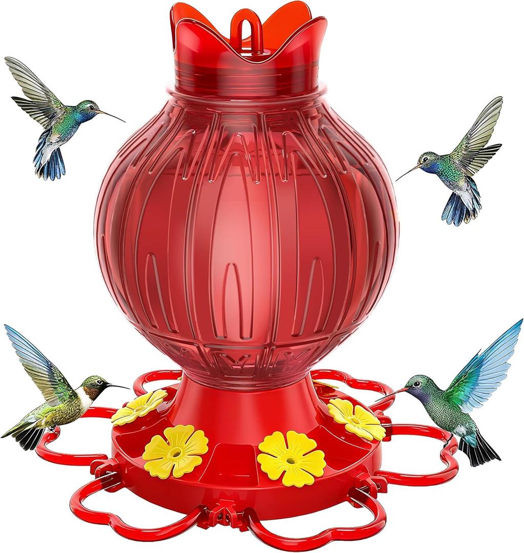 Hummingbird Feeders for Outdoors Hanging with Leak-Proof Base - 28oz Large Capacity Shatter-Resistant Hummingbird Feeder, Bottom Fill Wide Mouth Design & Ant/Bee Guards - Garden Decor (Red)