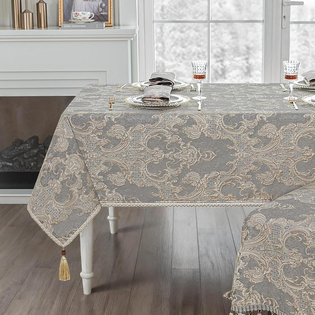Loom and Mill Grey Damask Tablecloth 60 x 120 Inches, Thick Chenille Jacquard Rectangle Table Cover with Handmade Tassels for Dining Room Christmas Banquet Decorations (Grey, 60"x120")