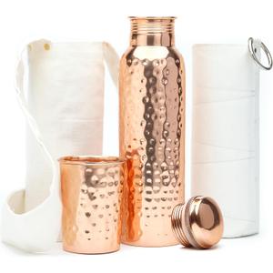 Authentic Ayurvedic Copper Water Bottle (34oz/1000 ml) w/Copper Tumbler for Drinking Water, Carrying Bag & Deco Sleeve | Lab-Tested, Leak-Proof