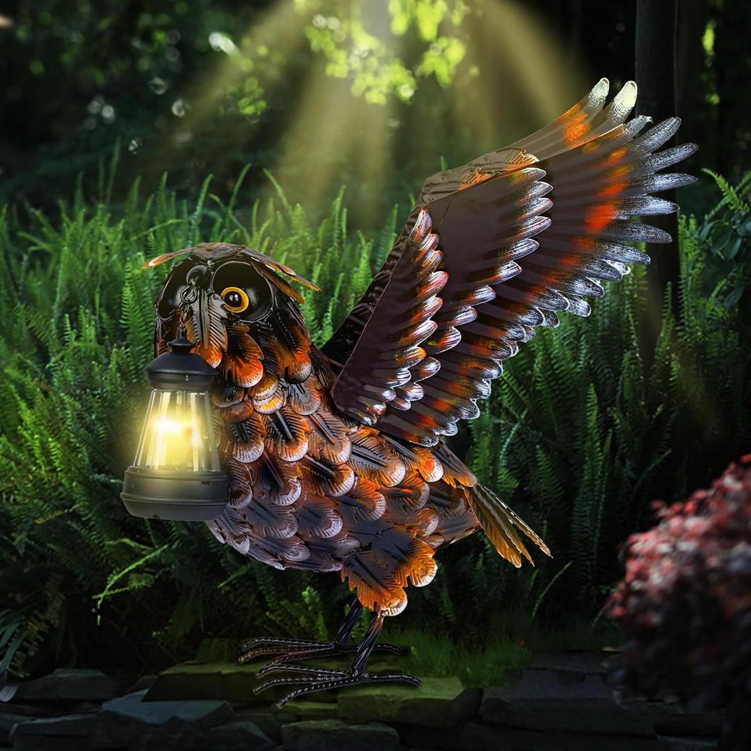 Modista Metal Yard Art Decor Owl Garden Statues Sculptures with Solar Lamp, One Size