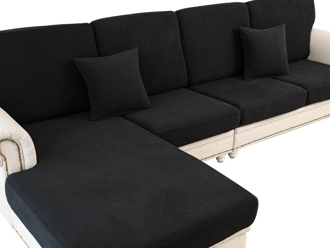 LA MEACK Couch Cushion Covers for Sectional Sofa L Shape Washable Separate Seat Chaise Couch Cover Stretch Sofa Slipcovers with 2 Pcs Pillowcases(3 Seater + 1 Chaise, Black)
