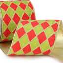 MAYREEL Red and Lime Green Crushed Velvet Wired Ribbon 4 Inch Extra Wide Christmas Ribbon with Gold Diamond Lattice Glitter, 10-Yard Roll for Christmas Tree, Wreaths, Bows & Elegant Holiday Dcor