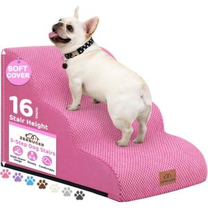 Dog Ramp and Stair for Bed 16" H-20 H,3-Step Cat Stair for Sofa and Chair,4-Step Dog Ramp for High Bed and Window,Durable Nonslip Fabric Cover for Indoor (Pink-16 H, Pet Friendly, 3)