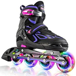 2PM SPORTS Vinal Girls Adjustable Flashing Inline Skates, All Wheels Light Up, Fun Illuminating Skates for Kids Men Adult Women and Boys, Medium - Big Kid (1-4 US)