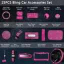 25PCS Bling Car Car Accessories Set,15 Inch Steering Wheel Cover,Shiny License Plate Frame,Center Console Cover and Rearview Mirror Set and Other Car Accessories(Rose Pink)